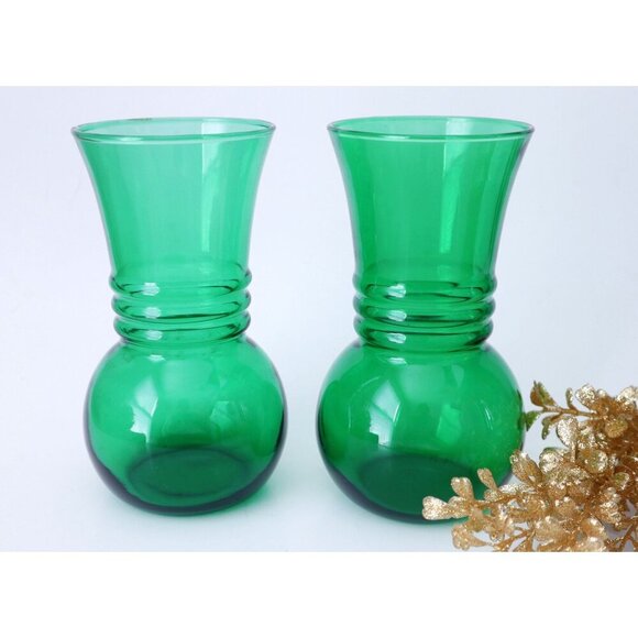 2 Vintage Forest Green Vases Anchor Hocking Vase  1960's - Picture 1 of 4